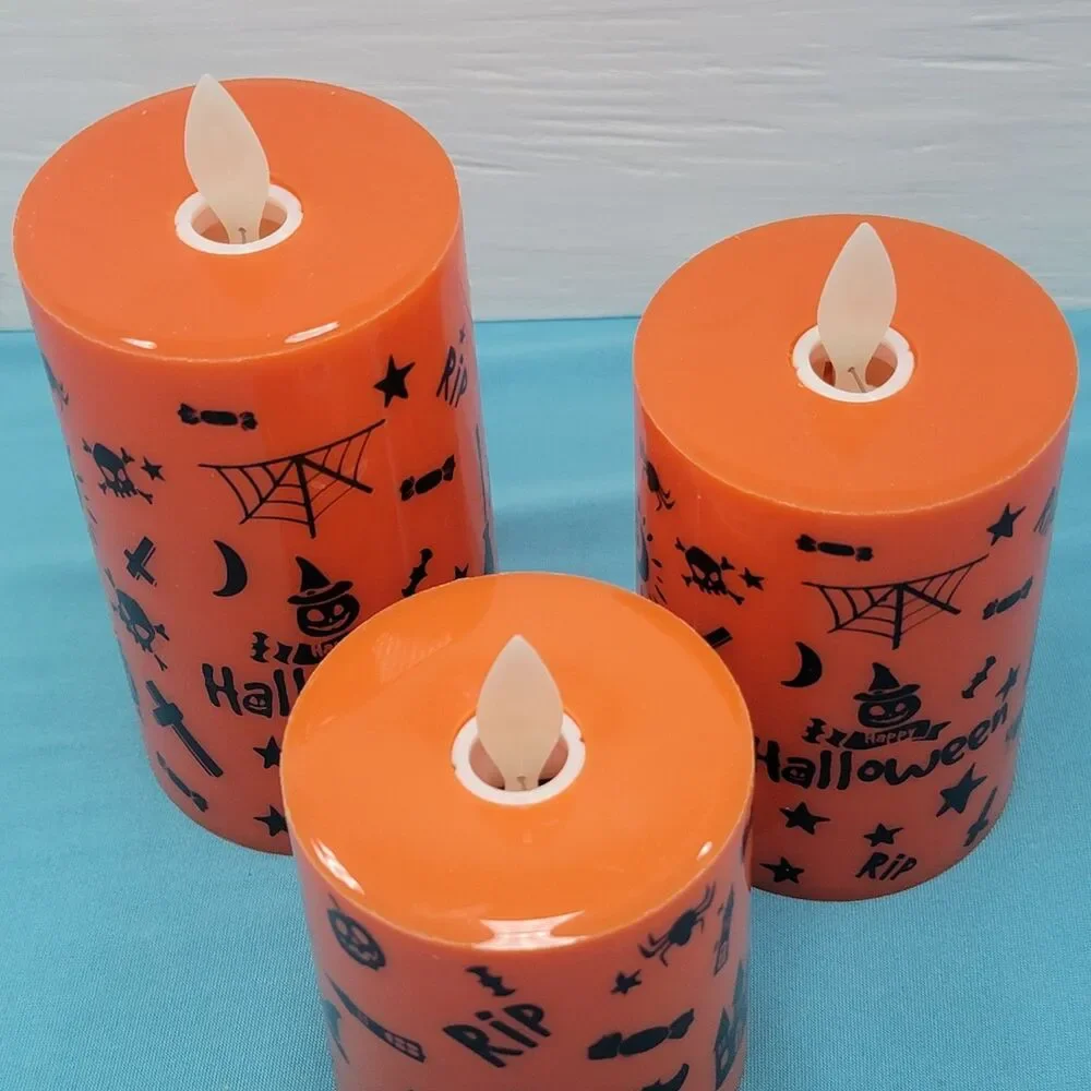 Halloween Flameless Candles Set of 3 Flickering LED Battery Orange 3-4.5